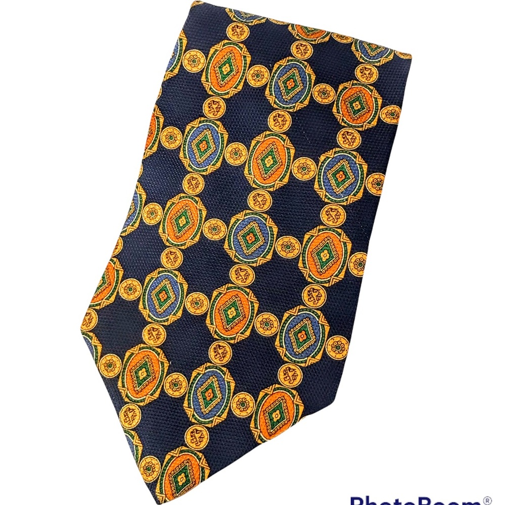 TOMMY HILFIGER Tie Silk Printed in Italy Made in USA Navy Gold Orange Medallions